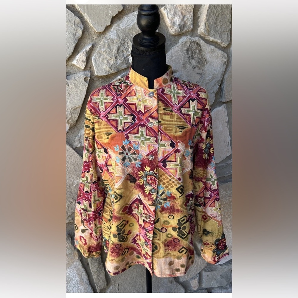 ios Jacket Small Southwestern Batik Print Embroidered Lined‎ Button Front EC